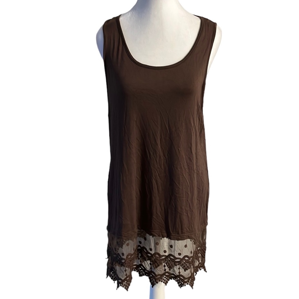 Dalin Brown Tank Top with Sheer and Crocheted Hem
